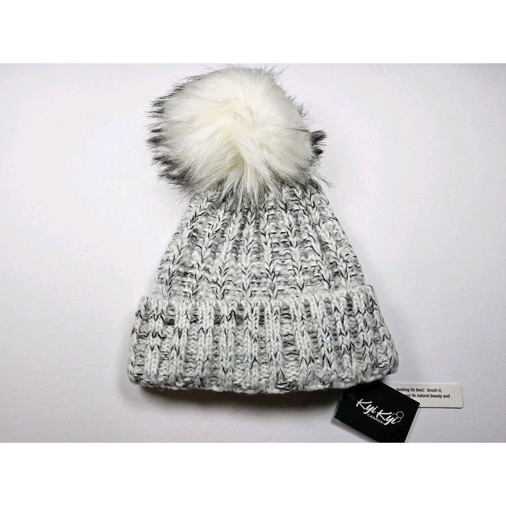 KYI KYI CANADA Womens Beanie Hat Gray Fold Up Knit Faux Fur Pom Pom
